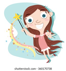cartoon cute girl waving magic wand