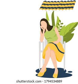 Cartoon cute girl wearing green shirt and yellow skirt is sitting on the gray chair with green  leaves behind.Vector flat isolate design concept for stay home ,prevention in covid-19 epidemic period 