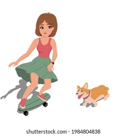 Cartoon cute girl wearing short pink shirt and green flared skirt is smiling, playing surf skate with her dog in relaxing and happiness Time.Vector isolate flat design concept for sport outdoor or kid