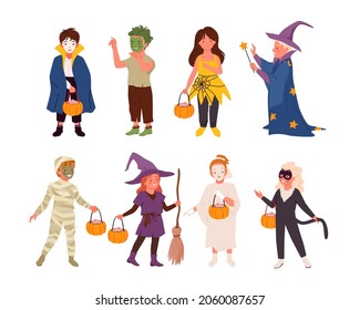 Cartoon cute girls boys in funny monster costumes holding treat pumpkin in hands on Halloween fun holiday isolated on white. Halloween party kid characters set, happy children vector illustration