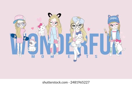 Cartoon cute girls and pets vector illustration design_02