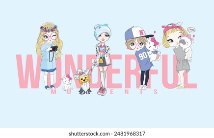 Cartoon cute girls and pets vector illustration design_02