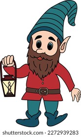 Cartoon Cute Gnome with Lamp. Vector Illustration Fairy Gnome with Beard
