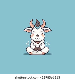 cartoon cute goat is meditating, yoga company logo. modern flat color