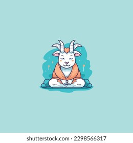 cartoon cute goat is meditating, yoga company logo. modern flat color