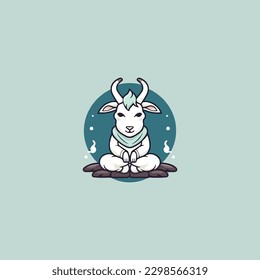 cartoon cute goat is meditating, yoga company logo. modern flat color