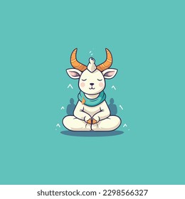 cartoon cute goat is meditating, yoga company logo. modern flat color