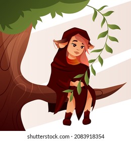 Cartoon cute goblin, elf sits on a tree branch in the forest. Vector illustration