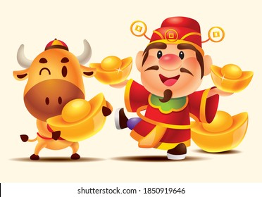 Cartoon Cute God of Wealth (Caishen) and cute cow holding big Gold ingots. Happy Chinese New Year. Year of the ox. 