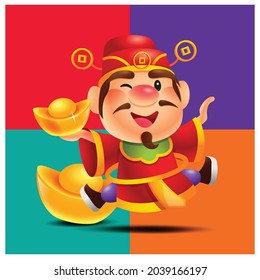 Cartoon cute god of wealth holding got ingot and jumping up with spread arm on colourful background
