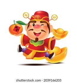 Cartoon cute god of wealth jumping up with holding tangerine and gold ingot for chinese new year celebration