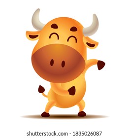 Cartoon cute golden bull character is dancing happily. Ox/Bull/Cow. Cow dancing pose. - vector