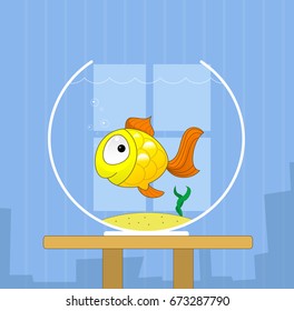 Cartoon cute golden fish in bowl. Vector illustration