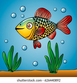 Cartoon of cute golden fish. underwater world with water plants and bubbles