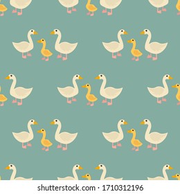 Cartoon cute goose and gosling family in flat style seamless pattern. Farm animal background. Vector  illustration. 