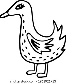 Cartoon cute goose is standing. Hand drawn farm bird for kids. Black and white doodle. Nice big-eyed fairytale feathered. Childish isolated illustration fowl. Vector clip art for icon design poultry. 