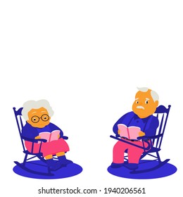 Cartoon of cute grandmother and grandfather sitting on rocking chair ,reading a book. Old parents wearing colorful clothing and glasses reading books in relaxing time. Vector illustration isolate flat