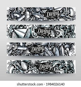 Caricatura lindo gráfico vectores de doodles Diving la identidad corporativa. Diseño de 4 banners horizontales. Conjunto de plantillas