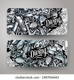 Caricatura lindo gráfico vectores de doodles Diving la identidad corporativa. Diseño de 2 banners horizontales. Conjunto de plantillas