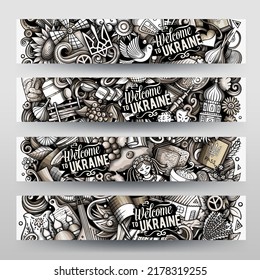 Cartoon cute graphics vector doodles Ukraine corporate identity. Horizontal banners design. Templates set