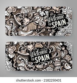 Cartoon cute graphics vector doodles Spain corporate identity. Horizontal banners design. Templates set