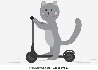 Caricatura lindo gato gris montando una moto