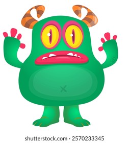 Cartoon cute green alien creature with funny face expression waving hands