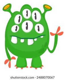 Cartoon cute green alien with funny excited face expression waving hands . Vector illustration isolated on white. Halloween design.