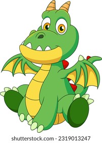 Cartoon cute green baby dragon sitting