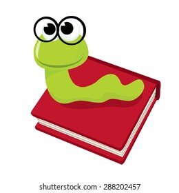 Cartoon cute green bookworm with thick black rimmed glasses, on top of a book vector illustration.