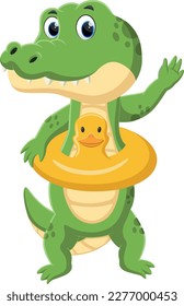 Cartoon cute green crocodile swimming 