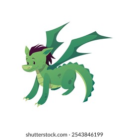 Cartoon cute green dragon baby with wings. Funny smiling child monster vector character. Fairy tale mythical creature. Childish fantasy reptile creature. Ancient legend mythology beast isolated