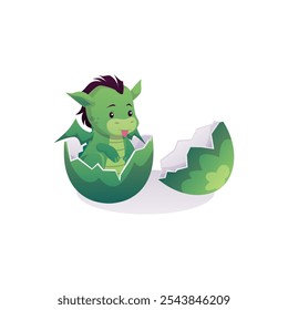 Cartoon cute green dragon baby just hatched from an egg. Funny smiling newborn monster vector character. Fairy tale mythical creature. Ancient legend mythology beast, fantasy reptile creature isolated