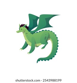 Cartoon cute green dragon with wings. Funny smiling monster vector character. Fairy tale mythical creature. Childish fantasy reptile creature. Ancient legend mythology beast isolated