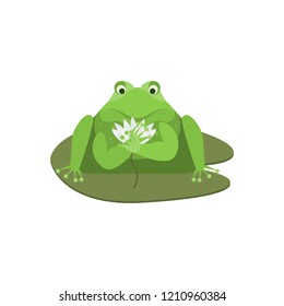 Cartoon Cute Green Frog Character with Flower Comic Toad Concept Flat Design Style. Vector illustration of Expression