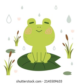 Cartoon cute green frog sitting on water lily illustration