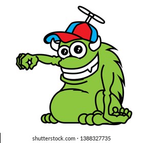 Cartoon cute green monster with horn wearing a cap. Monster hand holding pose. Halloween vector illustration