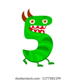 Cartoon cute green monster number Five isolated on white background. Can be used for kids learning counting or mathematics. Decorative element