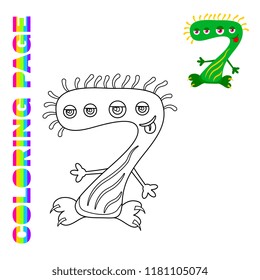 Cartoon cute green monster number Seven coloring page book for kids. Can be used for kids learning counting or mathematics. 