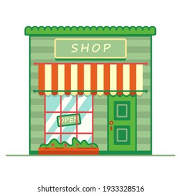 cartoon cute green shop, cafe, bakery, street trade, signboard open, vector illustration