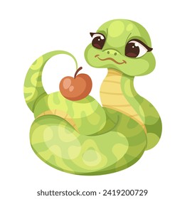 Cartoon cute green smiles snake isolated on white background. Little child snake character. Chinese horoscope zodiac sign, year of the snake 2025. Friendly character of reptile. Vector illustration