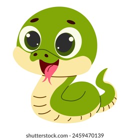 Cartoon cute green snake on white background. Vector illustration