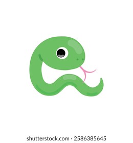 Cartoon Cute Green Snake with Tongue Out. Adorable Reptile Illustration, Friendly Animal Character, Vector Isolated on White Background.