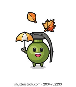 caricatura de la linda granada sosteniendo un paraguas en otoño, diseño de estilo lindo para camiseta, pegatina, elemento logo