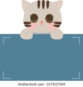 Cartoon cute grey cat holding memo. Frame for photo, text, note, sticker, label. Little animal to do list card. Isolated on white background, vector, illustration, EPS10