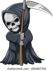 The cartoon of the cute grim reaper holding the scythe for the storybook inspiration 