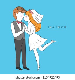 Cartoon cute groom kiss bride and  wedding vector.