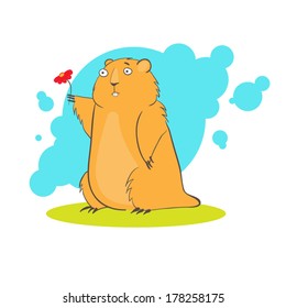 Cartoon cute groundhog with flower. Vector illustration.