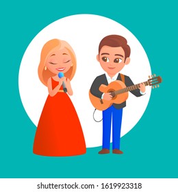 Cartoon cute guy and girl give a music concert. She sings into the microphone. He plays the guitar. Vector fun illustration.