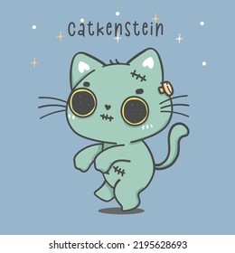 Cartoon cute Halloween cat in Frankenstein costume, catkenstein, doodle animal hand drawn vector